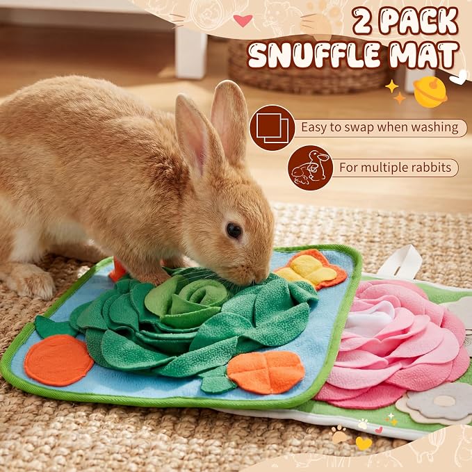Yinkin 2 Pcs Rabbit Foraging Snuffle Mat for Small Animals Puzzle Toys Funny Interactive Nosework Feeding Mat for Bunny Hamsters Guinea Pigs Ferrets Chinchillas (13.8 x 13.8 Inches,Classic Style)