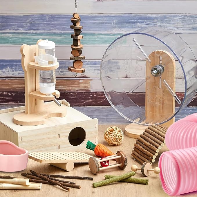 20 Pcs Hamster Toys Set, 16 Small Animal Chewing Toys, Maze Wood House, Silent Exercise Running Wheels and Water Bottle Set Feeding Bowl for Hamster Habitat Rat Cage Accessories(Pink)