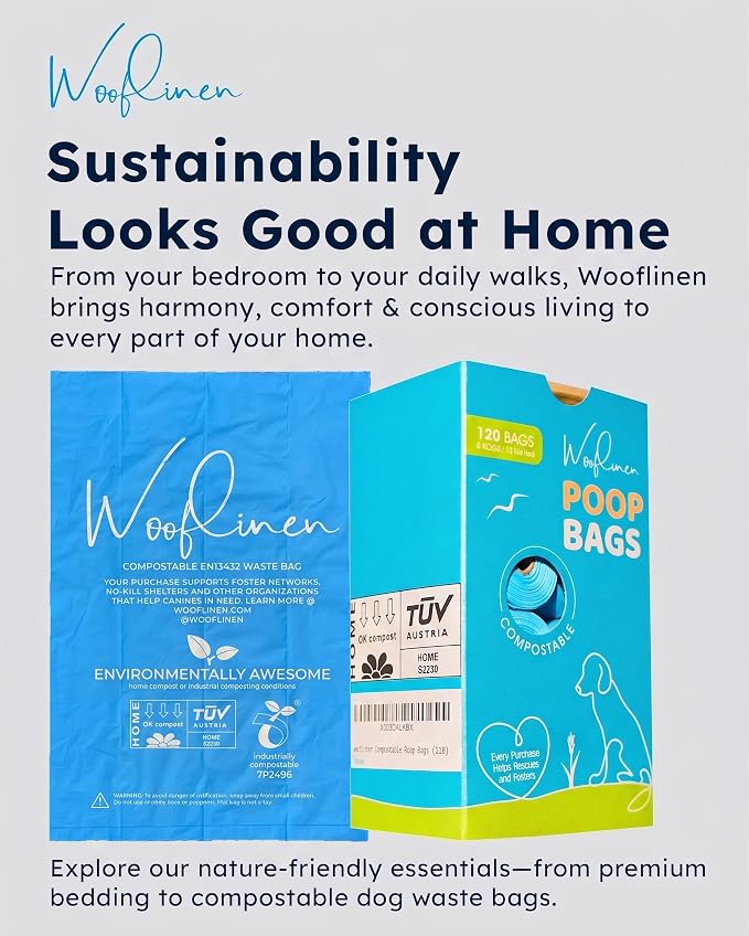 Wooflinen Home Compostable Dog Poop Bags – Leak-Proof Dog Poop Bags Rolls – Large 9x13”, Durable, Easy Tear – Made from Plant & PBAT Material – For Big & Small Dogs – 120 Bags (8 Rolls)