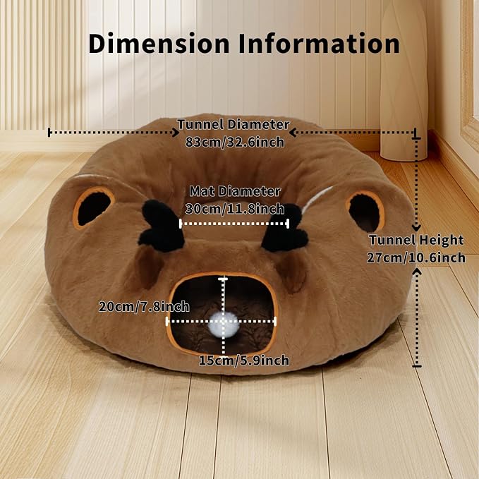 Cat Tunnel Bed for Indoor Cats with Washable Cushion Cat Cave Donut Tunnel with Fluffy Ball Big Round Tube Pet Playground Toys Soft Plush Peekaboo for Kitten, Cat, Puppy, Rabbit, Ferret（Deer）