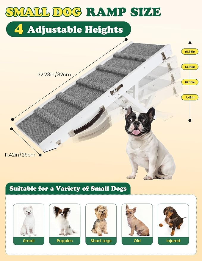 Dog Ramp Dog Stairs for Small Dogs Foldable Ramps with 4 Adjustable Heights from 7.48'' to 15.35" Wood Pet Stairs with Non Slip Carpet Portable Puppy Ramps for Couch, Sofa, Low Bed (White)