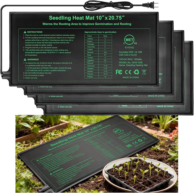Durable Seedling Heat Mat 10x20.75 inches 4 Pack, Upgraded MET Certified Heat Mat for Plants Seed Germination,Hydroponic, Waterproof Greenhouse Heater, Seed Starter