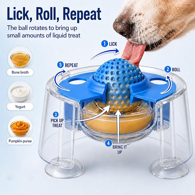 Dog Lick Bowl for Liquid Treats, Dog Lick Ball with Fixed Rolling Ball, 220ml PP Slow Feeder with 3 Suction Cups for Bone Broth Yogurt Supplements, Blue