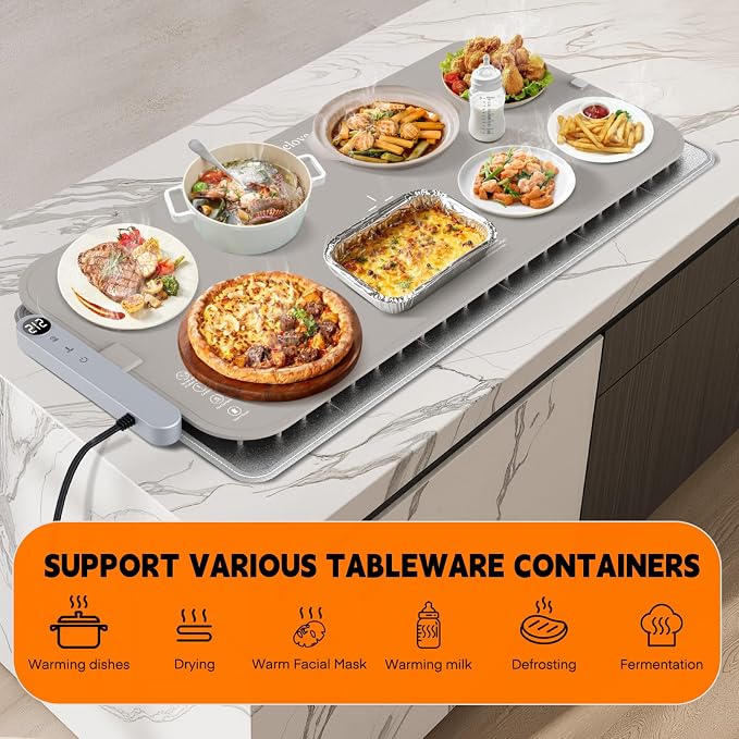 Homelove Warming Mat for Food - Electric Warming Tray with 7-Level Temperature and 6-Level Hours Setting, Full Surface Heating, Waterproof Dishwasher-Friendly Food Warmer for Parties, Kitchen (Khaki)