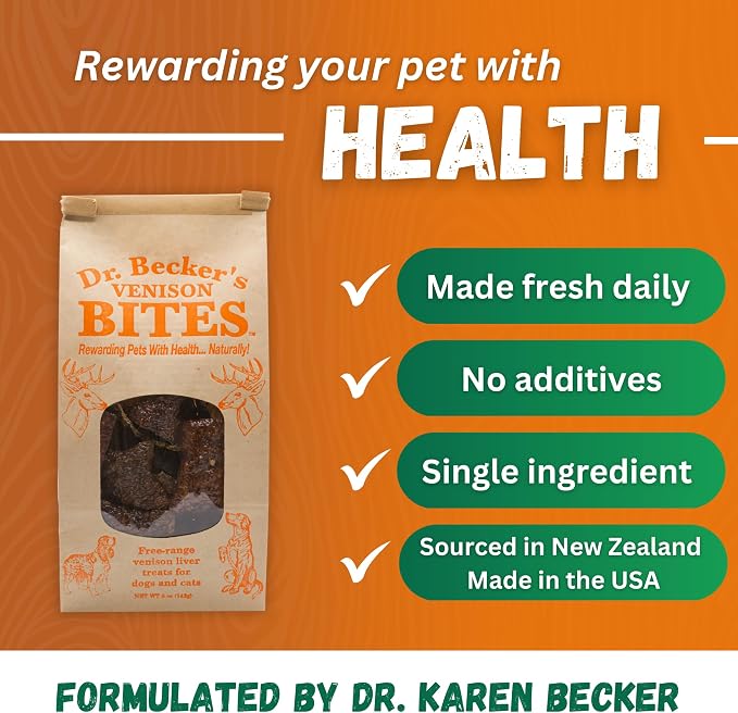Dr. Becker's Venison Bites | 100% Pure Meat Protein | Grain Free Liver Training Treats for Dogs & Cats, 5 oz (Pack of 3)
