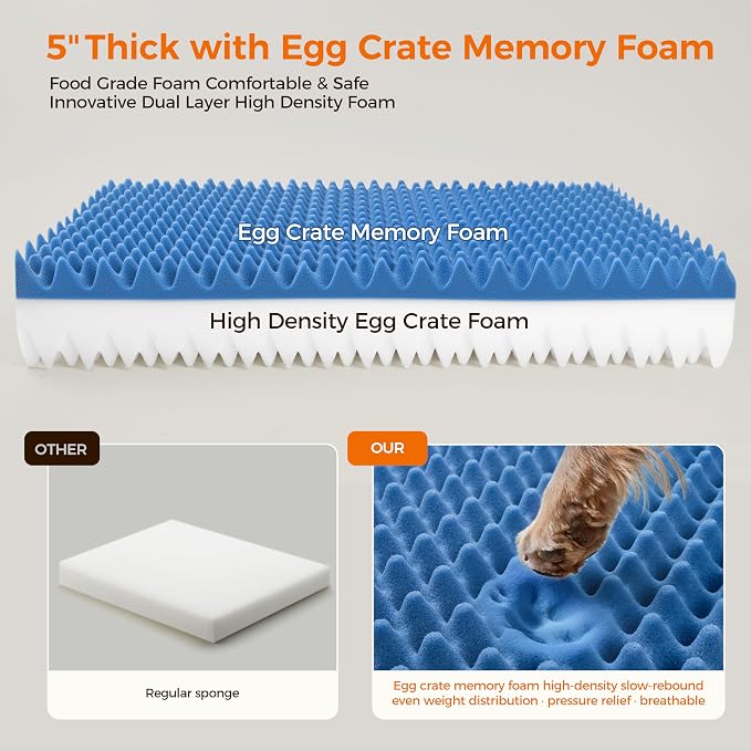 5 Inch Thick Orthopedic Dog Bed for Medium & Large Dogs, High Density Egg Crate Memory Foam with Support Foam, Waterproof Liner & TPU, Removable Washable Cover, Nonskid Bottom, 41"x29"x5", Grey