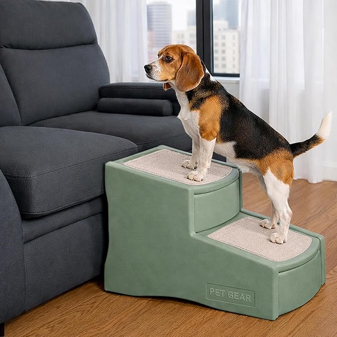Pet Gear Easy Step II Pet Stairs, 2 Step for Cats/Dogs up to 150 Pounds, Portable, Removable Washable Carpet Tread, No Tools Required, Green Clover