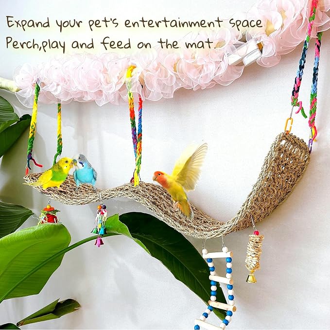 Bird Seagrass Mat 39.4×7" Natural Grass Woven Net Hammock Hanging on Parrot Cage with Hooks Parakeet Climbing Rope Ladder Chew Toys for Lovebird Cockatiel Conure Budgie Cockatoo Supplies
