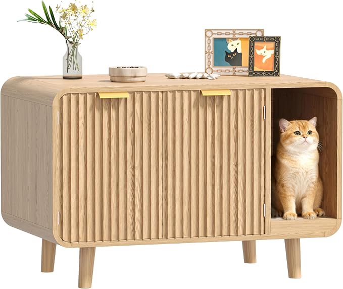 Fluted Cat Litter Box Enclosure with Solid Wood Legs, Hidden Cat Litter Cabinet, Modern Cat House Furniture, Reduce Litter Tracking, 31.5 x 19.7 x 22 Inches, for Living Room, Bedroom, Oak