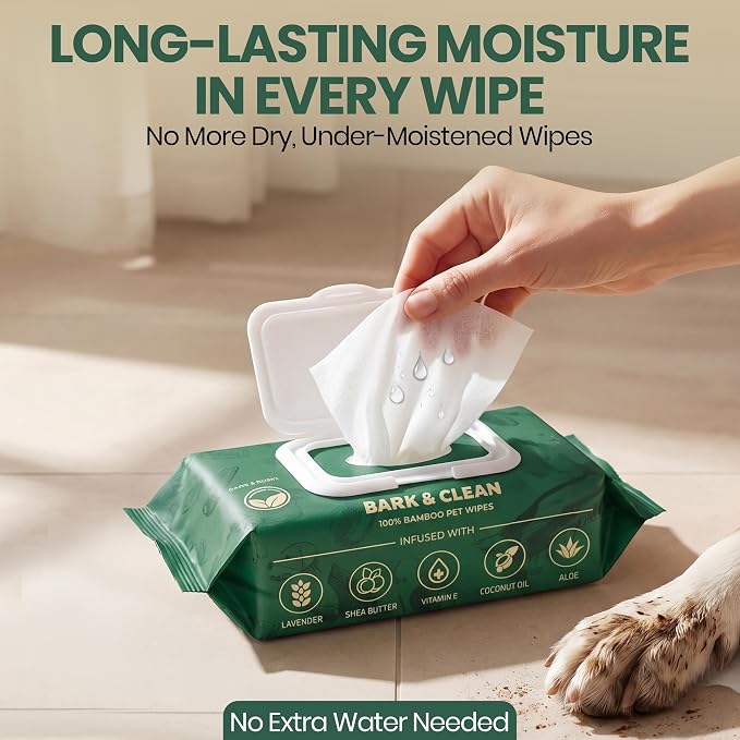Bark & Clean Bamboo Dog Wipes for Cleaning & Deodorizing - 8.5" x 9" 110 Compostable Hypoallergenic Pet Wipes for Dogs - Paws, Butt & Body - Puppy Face, Ear & Eye Cloths - Pet Supplies