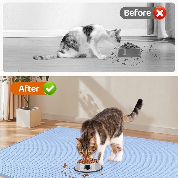 Cat Food Mat, 50" x 35" Extra Large Silicone Pet Feeding Mat with Raised Edge Pet Placemat for Food and Water Bowl Non-Slip, Easy to Clean, Floor Protection (Blue)