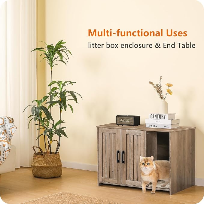 DWANTON Litter Box Enclosure, Cat Litter Box Furniture Hidden, with Scratching Mat, Wooden Cat Washroom Indoor, 31.5" L x 19.7" W x 21.7" H, Greige