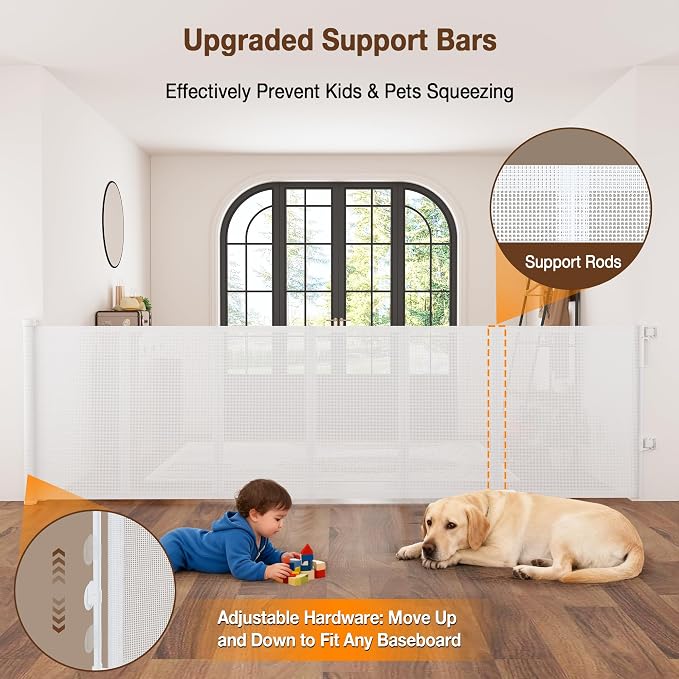 Upgraded 71'' Wide Retractable Baby Gates for Stairs with Reinforced Strip, Mesh Saftey Gate for Pets, Prevent Crawling Dog Gate fot Doorways, No Drilling, Indoor & Outdoor Use, 34'' Tall