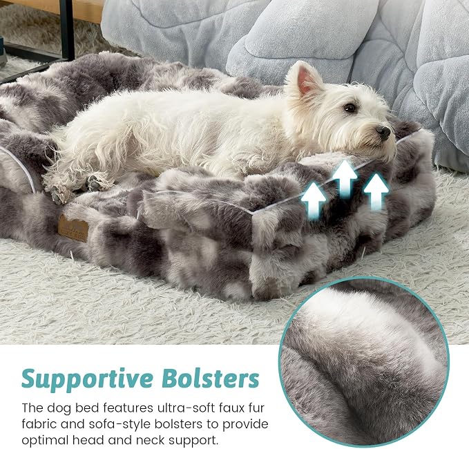 COZY KISS Orthopedic Dog Bed for Large Medium Size Dog, Soft and Warm Faux Fur Sofa for Pet Up to 75 lbs, Foam Bolster Anti-Slip Couch with Washable Removable Cover, L 36x27x6.5 inch, Tie Dye Grey