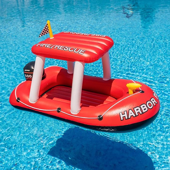Police Boat Inflatable Pool Floats Kids, Toddler Harbor Master Police Patrol Inflatable Boat Pool Float Ride On, Fun Water Toy Squirter Pool Toy, Police & Fire Rescue Theme Pool Raft for Boys, Girl
