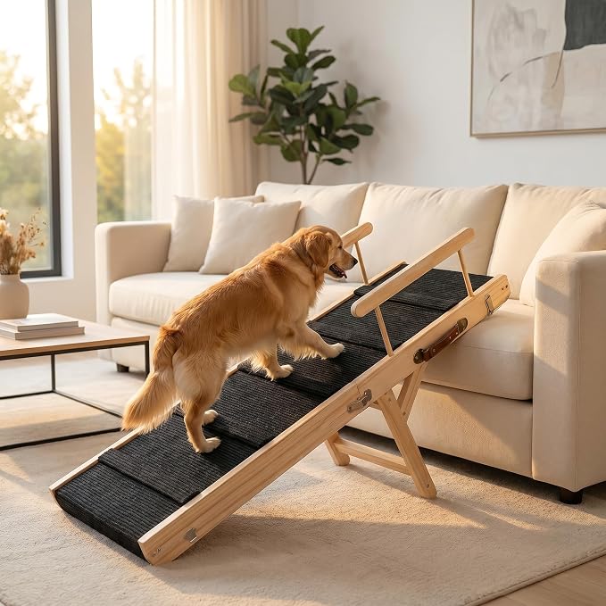 Wooden Dog Ramp for Bed and Couch, 4 Adjustable Heights Folding Pet Ramp with High Traction Fabric Surface, Portable Solid Pine Wood Dog Steps for Couch, Max 45KG (Large)