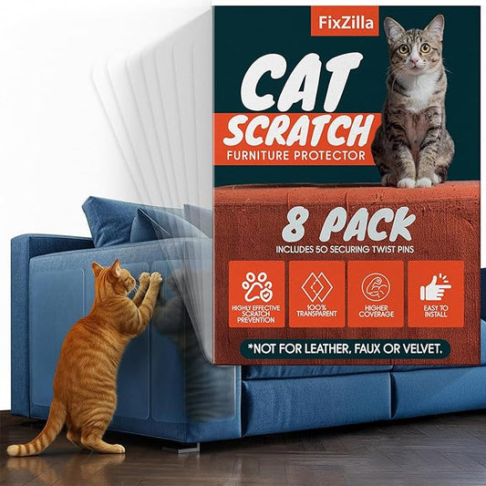 FixZilla Anti Cat Scratch Furniture Protector, 8-Pack Couch Protector from Cat Claws – Heavy-Duty, Easy-to-Apply Scratching Deterrent and Shield for Sofa Corners, Walls, and Doors- with 50 Twist Pins
