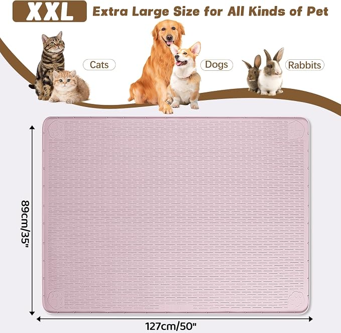 Cat Food Mat, 50" x 35" Extra Large Silicone Pet Feeding Mat with Raised Edge Pet Placemat for Food and Water Bowl Non-Slip, Easy to Clean, Floor Protection (Pink)