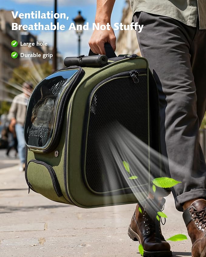 Pecute Expandable Cat Backpack Carrier, Large Space Cat Bubble Backpack, Breathable Cat Carrier, Shaded Dog Backpack Carrier for Travel, Hiking, Vet,12.6" L x 10.2" W x 16.5" H,Green