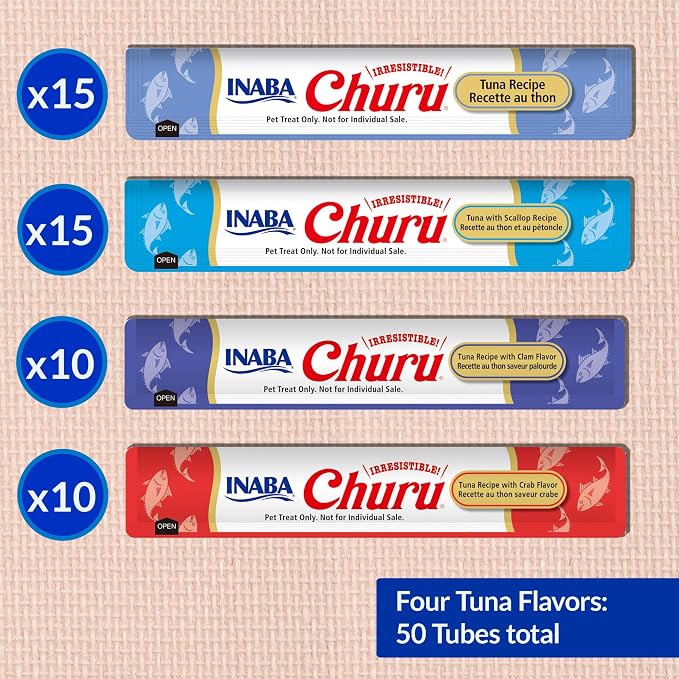 INABA Churu Cat Treats, Lickable, Squeezable Creamy Purée Cat Treat with Green Tea Extract & Taurine, 0.5 Ounces Each Tube, 50 Tubes, Tuna & Seafood Variety