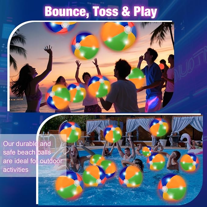 MiniInflat 4 Pcs Light up Beach Balls 16'' Jumbo Pool LED Balls Glow in the Dark Neon Giant Inflatable for Summer Hawaiian Tropical Theme Beach Party Decor Water Accessory (Multicolor)