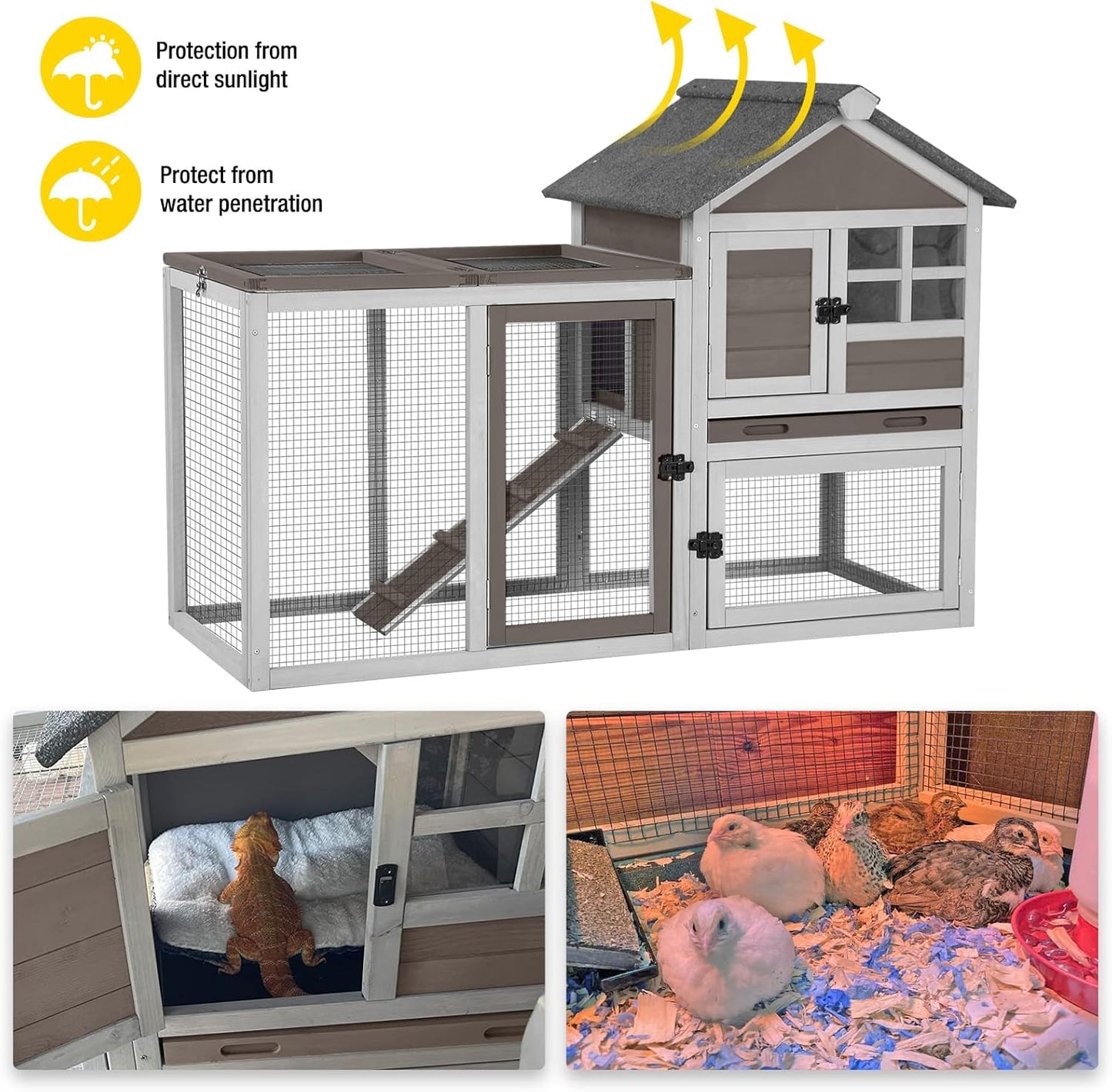 Aivituvin Rabbit Hutch Indoor Bunny Cage Outdoor with Run Chicken Coop Guinea Pig House with Waterproof Asphalt Roof,No Leakage Pull Out Tray