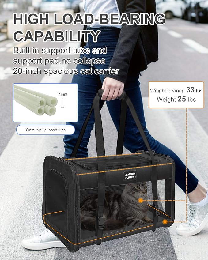 Soft-Sided Large Cat Carrier for 2 Cats, Spacious Foldable Pet Travel Carrier for Large Cats up to 25 Lbs, Double Cat Bag with Shoulder Strap, 20x13x13 Inch, Fits Maine Coon and Small Dogs, Black