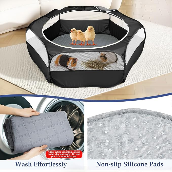 2-in-1 Small Animals Playpen with Pad, Waterproof Small Pet Cage Tent with Reusable Pad, Portable Outdoor Yard Fence with 3 Metal Rod for Chick/Kitten/Puppy/Guinea Pig/Rabbits/Chinchillas, Black+Gray