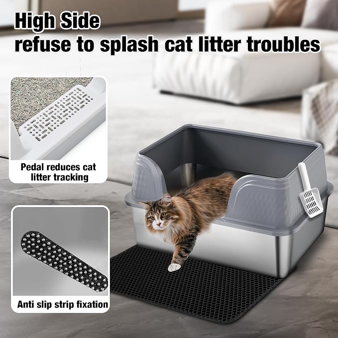 Suhaco XXL Stainless Steel Litter Box with High Sided Deep Side Entry Deep Extra Large Metal Litter Box Included Mat & Scoop Anti-Urine Leakage Cat Litter Boxes for Big Cats (Grey)