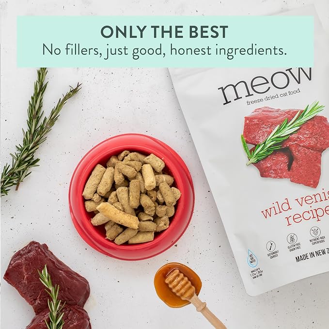 The New Zealand Natural Pet Food Co. Meow Freeze Dried Cat Food - Wild Venison Recipe, High Protein Treats, Meals & Toppers, Dry Cat Food, 1.76 oz