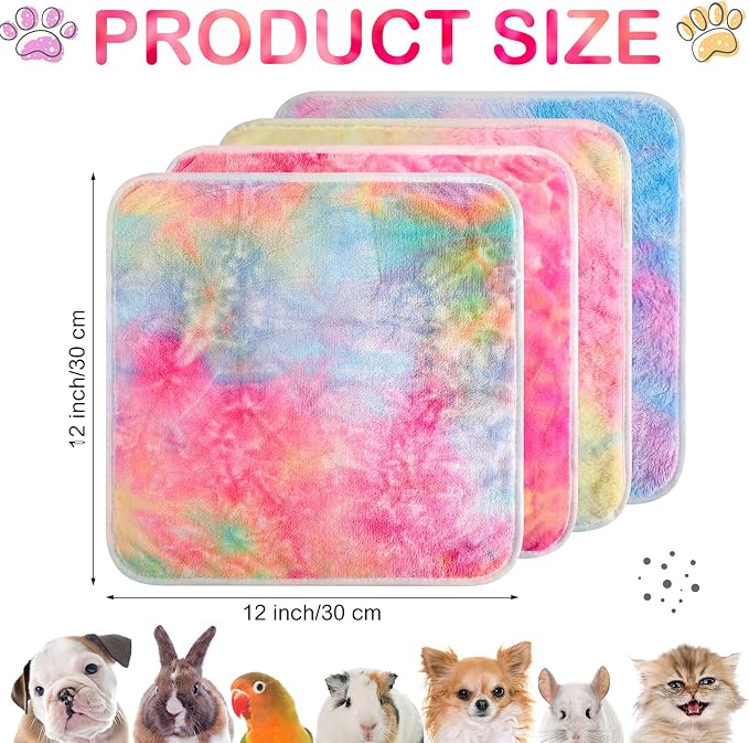 Tudomro 8 Pcs Absorbent Guinea Pig Blankets Washable Small Animal Fleece Bedding Cage Liners Reusable Pet Sleep Mat Pad Cover for Ferret Chinchilla Furniture Protection(Tie Dye,12 x 12 Inch)