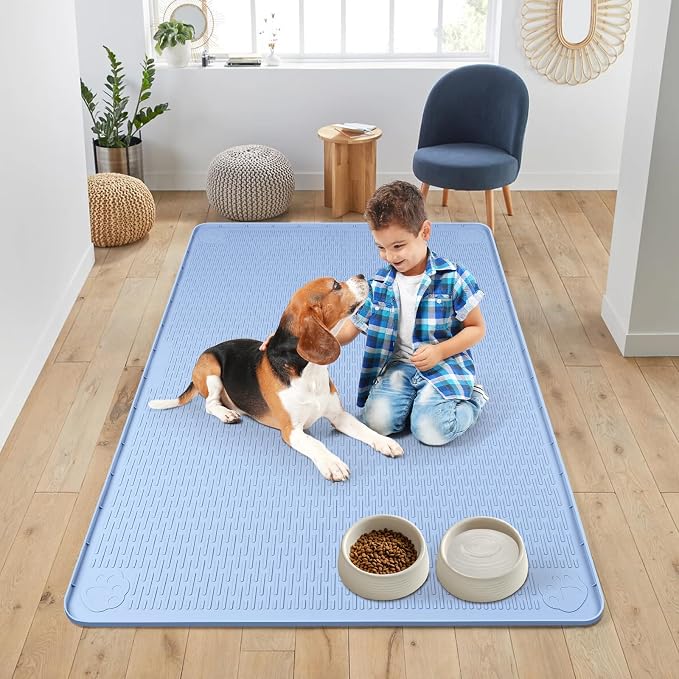 Dog Food Mat, Extra Large 50" x 35" Silicone Pet Feeding Mat with Raised Edge Pet Placemat for Small, Medium, and Large Pets Non-Slip, Easy to Clean (Blue)