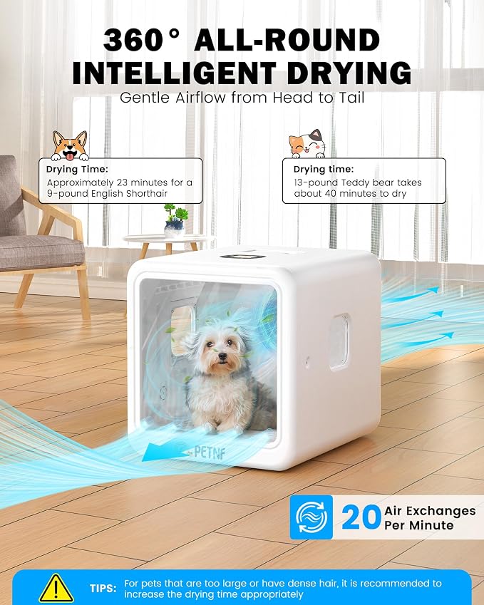 PETNF Pet Dryer Box for Cats and Small Dogs, 70L Automatic Drying Chamber with Quiet Operation, Adjustable Airflow & Temperature for Comfortable Home Grooming After Baths