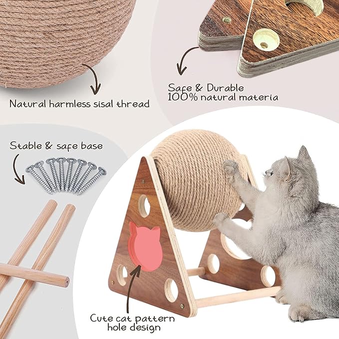 Cat Scratcher Toy,Natural Sisal Rope Cat Scratching Ball Scratcher Toy with Ball for Cats& Kittens&Dogs&Puppy, Interactive Solid Wood Scratcher Pet Toy Suitable for Small Cats and Dogs (Large)