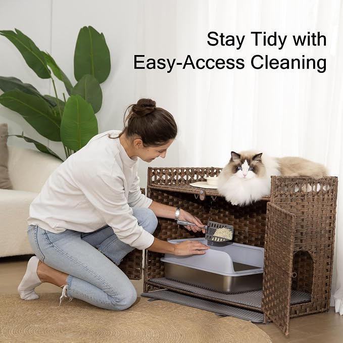 Furriends Cat Litter Box Enclosure with 2 Mats, Handwoven Rattan Hidden Litter Box Furniture Large 30.3”L x 18.2”W x 24.2”H, Double as Indoor Cat House or Side Table for Living Room Hallway, Brown