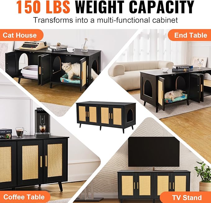 VEVOR Cat Litter Box Enclosure for 2 Cats, Litter Box Furniture Hidden with Double Rooms, Wooden Cat Box Cabinet Fit Most of Litter Box
