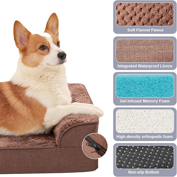 Rainmr Orthopedic Dog Bed for Small and Medium Dogs, Memory Foam Pet Bed with Washable Removable Cover, Nonskid Bottom, Waterproof, for Indoor, Outdoor, Crate ＆ Car Use, 30x20x6 Inches, Brown Grey