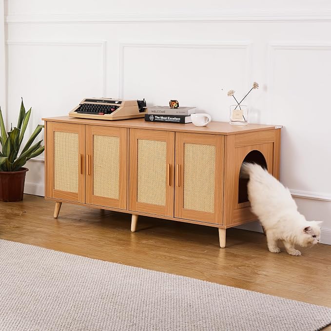 VEVOR Cat Litter Box Enclosure for 2 Cats, Litter Box Furniture Hidden with Double Rooms, Wooden Cat Box Cabinet Fit Most of Litter Box