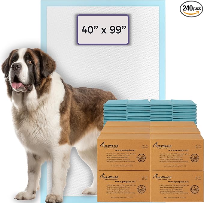 PETSWORLD Mega-Sized Dog Pee Pads (40" x 99") – 4XL Gigantic Pet Piddle Pads for Puppy Training, Incontinence – with Adhesive Sticky Tape – Leak Proof, 5-Layer Protection (240 Count)