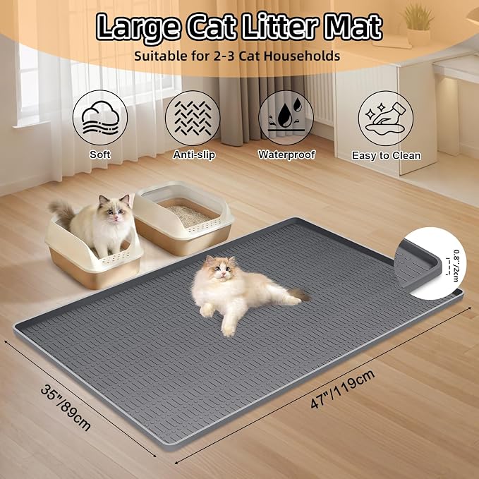 Silicone Cat Litter Mat, 47" x 35" Extra Large Litter Trapping Mat for Litter Box, Leak-Proof, Non-Slip, Kitty Litter Mats with Soft Texture for Floor, Keeping The Floor Clean (Dark Grey)