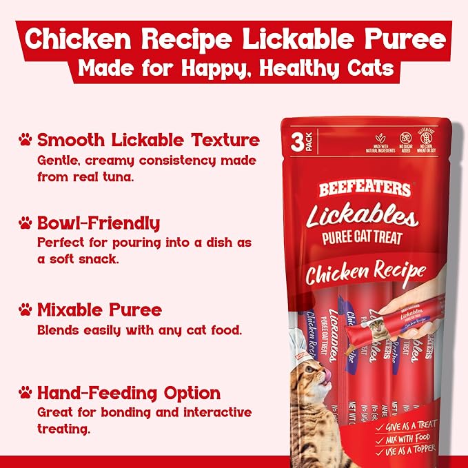 Beefeaters Chicken Pure Cat Treats 1.59oz (12 Pack) | Lickable Squeeze Tube Treats, Grain-Free, No Added Sugar, Real Chicken, Taurine-Enriched, Ideal for Bonding, Seniors, Toppers & Everyday Treating
