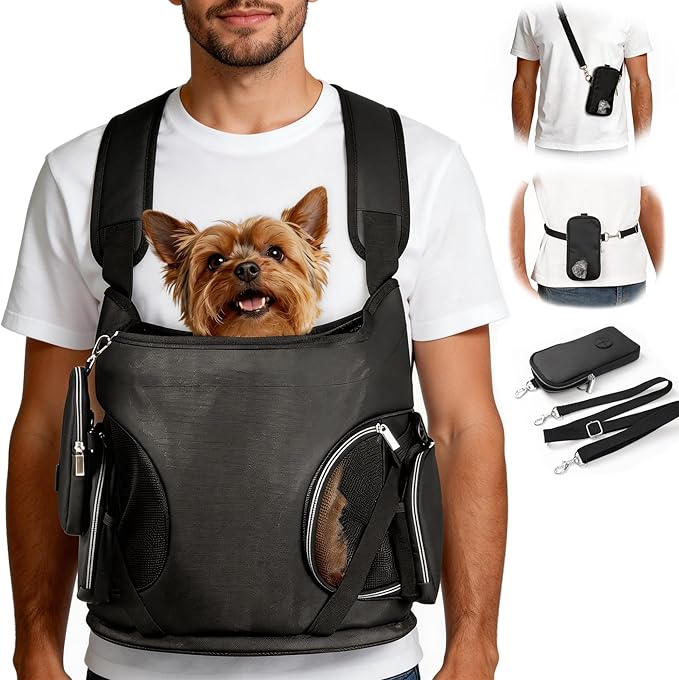 YUDODO Dog Front Backpack Carrier 7-15 lbs, Soft Breathable Pet Front Facing Carrier with Adjustable Straps, Multi-Pocket Design, for Small Dogs & Cats (with Detachable Sling Pouch - Black)