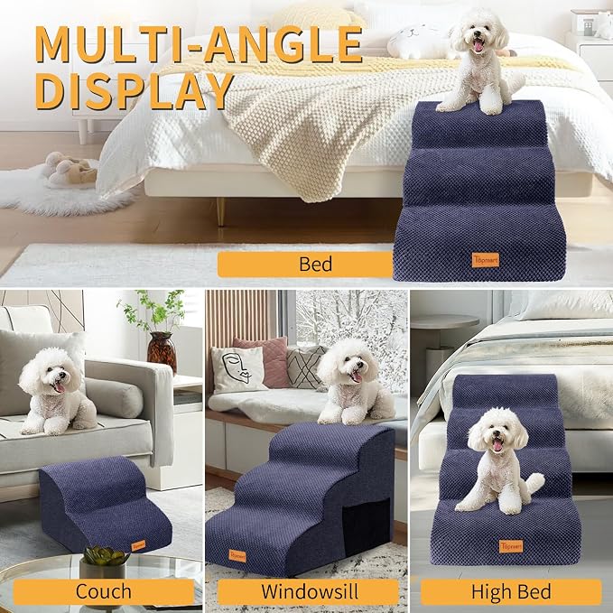 Topmart 3 Tiers Foam Dog Ramps/Steps,Non-Slip, Extra Wide Deep Dog Stairs,High Density Foam Pet Stairs/Ladder,Best for Older Cats,Small Pets,Blue