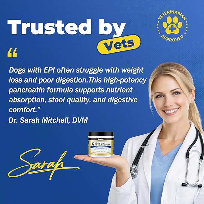 Pancreatic Enzymes for Dogs – 10X Pancreatin Digestive Enzyme Powder – Dog EPI Supplement for Pancreas Support – Helps Restore Weight, Improve Digestion & Relieve GI Stress – 11.99 oz – Vet Formulated