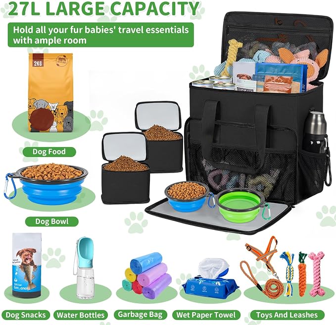 Dog Travel Bag,Large Pet Travel Bag for Supplies with 2 Food Container and Collapsible Bowls,Dog Travel Supplies Organizer Kit for Weekend,Road Trips,Camping