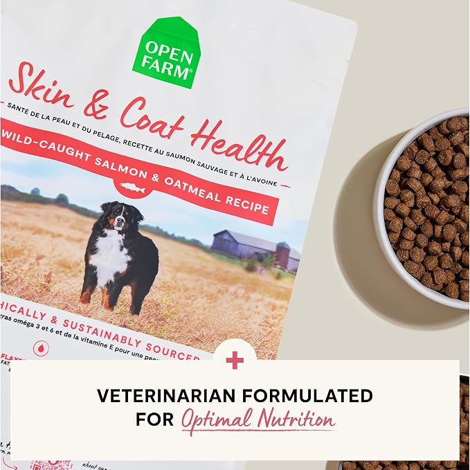 Open Farm, Skin & Coat Health Dog Food, Veterinarian Formulated Kibble with Salmon Oil and Vitamin E to Support Healthy Skin & A Shiny Coat, Wild-Caught Salmon & Oatmeal Recipe, 22lb Bag