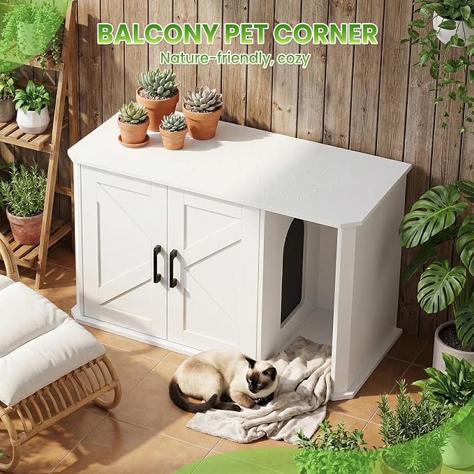 Modern Wooden Cat Litter Box Enclosure, Hidden Washroom Cabinet with Double Doors and Side Entry, Large Cat House End Table, Easy-Clean Sturdy Furniture