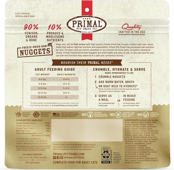 Primal Freeze Dried Raw Cat Food Nuggets Venison, Complete & Balanced Meal or Topper, Premium, Healthy, Grain Free, High Protein Raw Cat Food with Probiotics (5.5 oz)