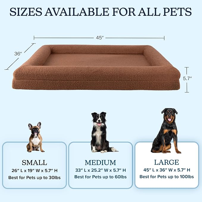 Orthopedic Dog Bed - 45in Large Dog Bed with Supportive Bolster, Nonslip Bottom, and Removable Washable Cover - Memory Foam Pet Beds for Large Dogs - Dog Products by PETMAKER (Brown)