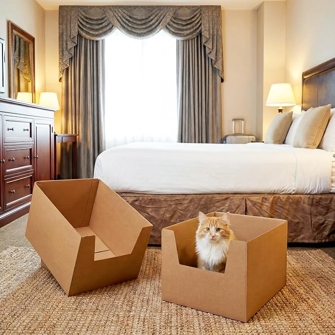 Lounsweer 2 Pack XXL Extra Large Disposable Cat Litter Box, 19 x 15 x 11.75 in Deep High-Sided, Self-Adhesive Leakproof Recyclable Cardboard Litter Box for Large Cats Moving Travel Short-Term Use